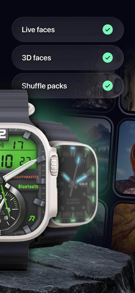 Watch Faces Live - AI Gallery - Showcase of custom Apple Watch faces with live 3D and shuffle options