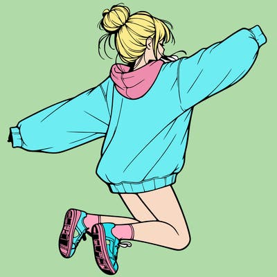 realistic girl jumping with a bun and oversized sweatshirt