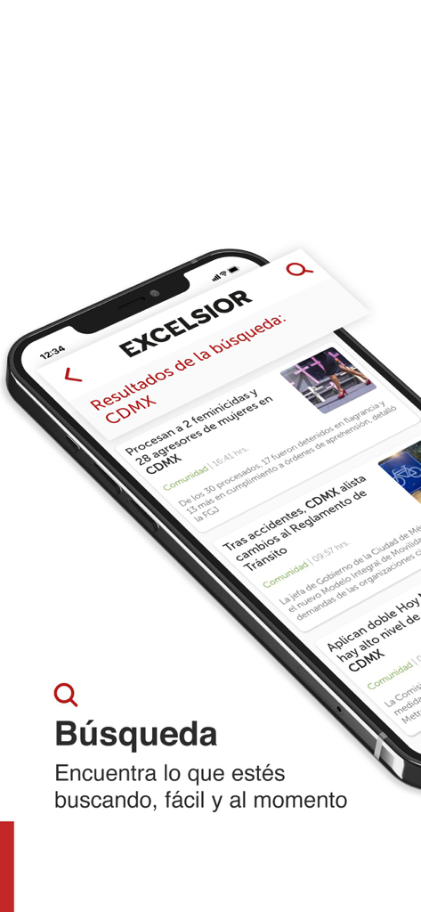 Interfaz de la aplicación de noticias Excélsior mostrando resultados de búsqueda de noticias en la Ciudad de México