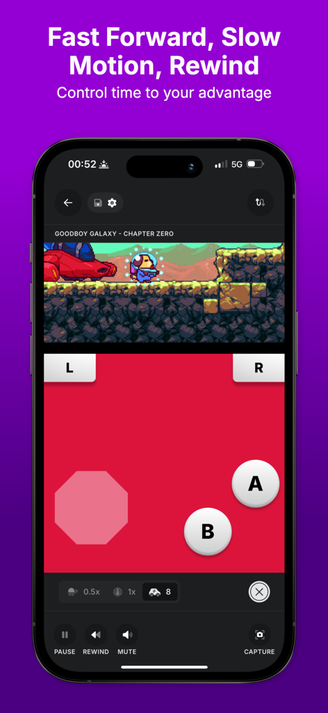 Afterplay - Game Emulator - Afterplay game emulator interface on an iPhone displaying time manipulation features like fast forward and rewind for retro games