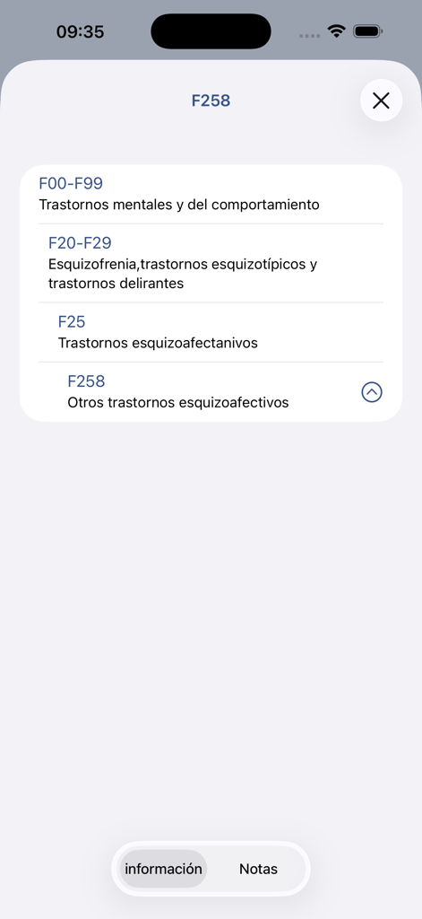 Captura de pantalla de la aplicación CIE-10 que muestra la jerarquía de códigos médicos para trastornos esquizoafectivos con opciones de información y notas.