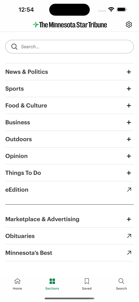 The Minnesota Star Tribune - The Minnesota Star Tribune app sections menu with news sports and culture categories