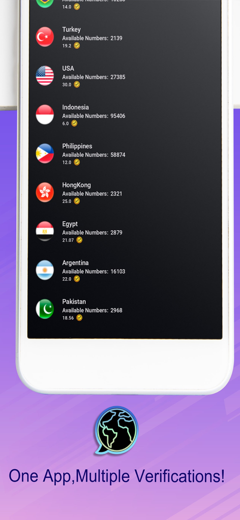 Aplicación móvil VirtuNum que muestra una lista de números de teléfono virtuales disponibles para países como EE. UU., Turquía e Indonesia