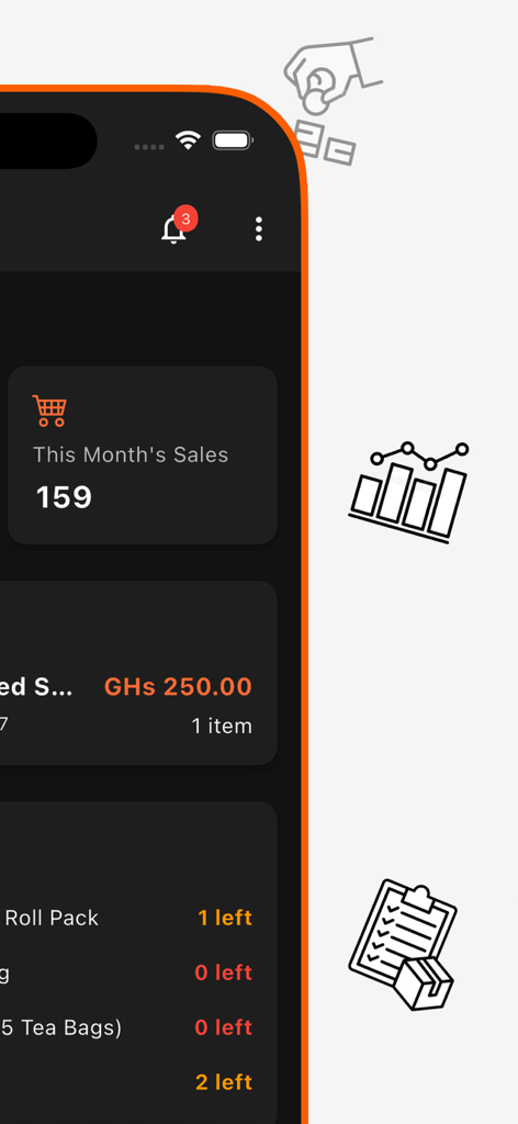 HotKiosk - Inventory & Sales - Dashboard do aplicativo móvel HotKiosk exibindo resumo de vendas mensais e alertas de stock baixo em tempo real