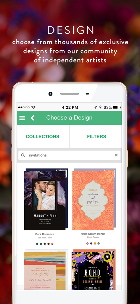 Greenvelope: Email/SMS Invites - Gallery of elegant digital invitation designs within the Greenvelope mobile app.