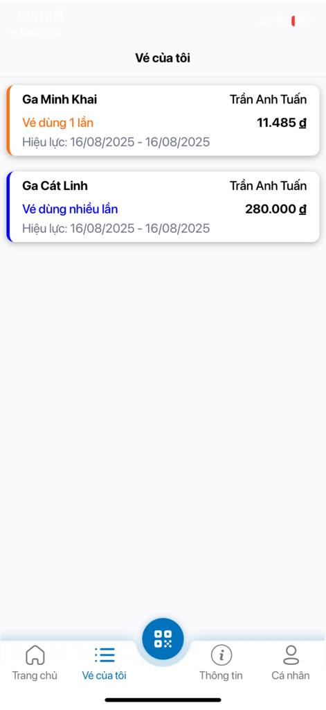 Hà Nội Metro - ハノイメトロモバイルアプリのデジタルチケット表示。使い捨ておよび複数回使用パスが表示されています。