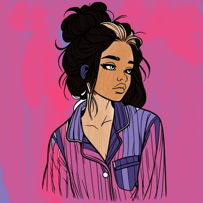 realistic woman with pajamas on and a messy bun