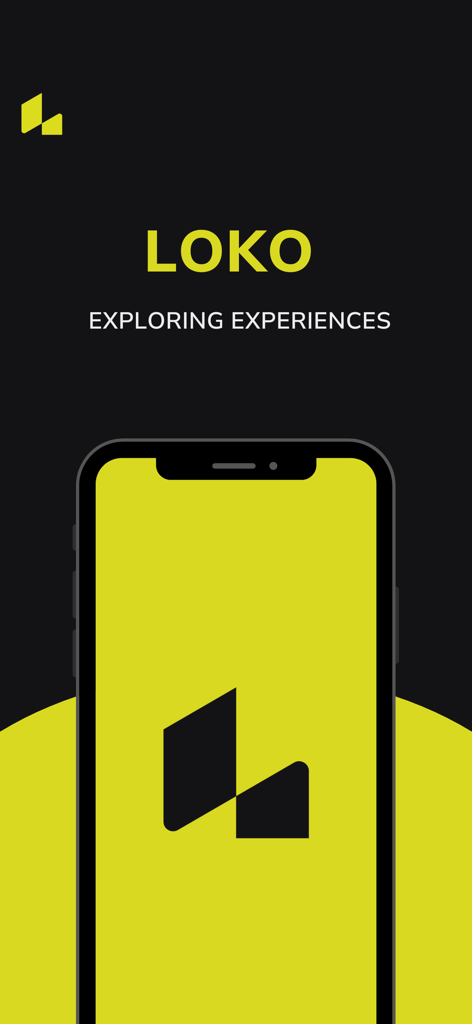 Loko - Explore. Experience. - Loko app splash screen featuring the logo and the tagline Exploring Experiences on a black and lime yellow background.