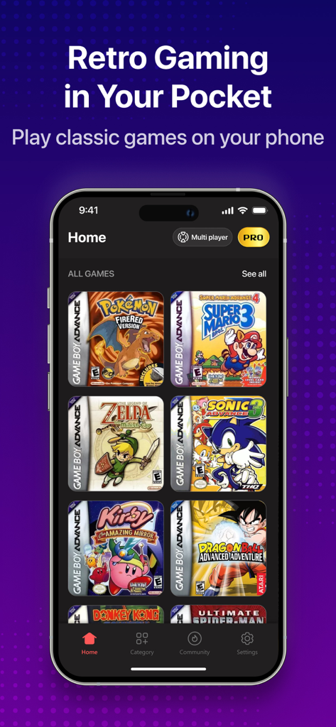 Una pantalla de iPhone mostrando una biblioteca de emulador de juegos retro con carátulas de títulos clásicos como Pokemon y Super Mario