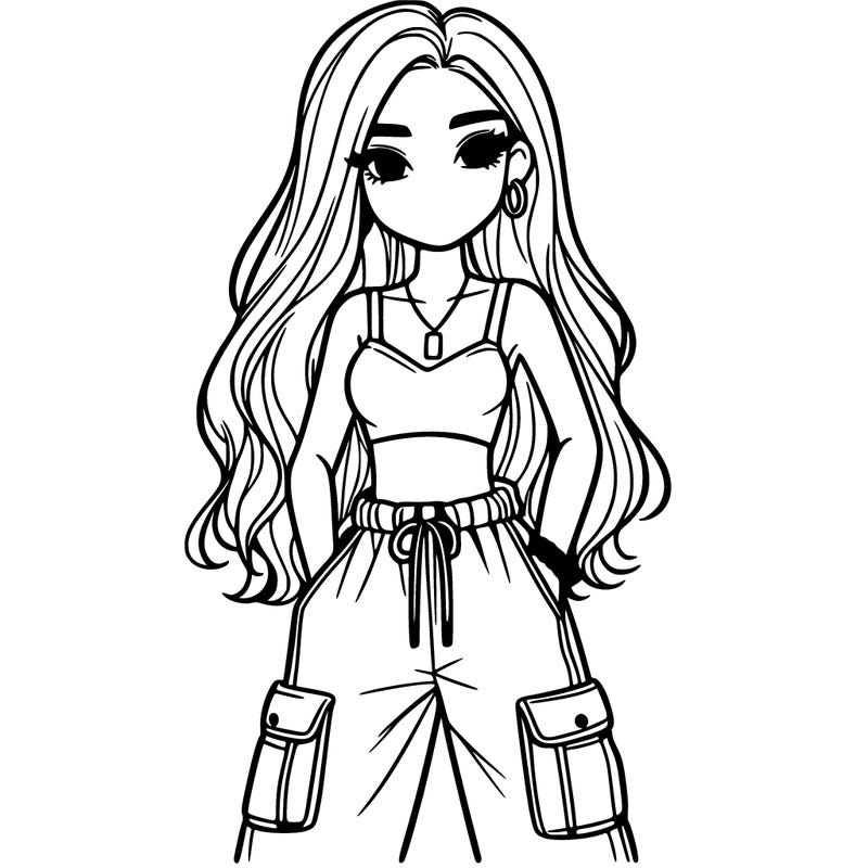 girl in cargo pants and crop top with long hair