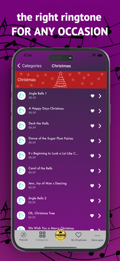 A list of holiday and Christmas music ringtones in the Best Ringtones mobile app