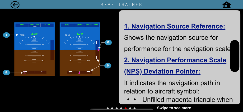B787 Cockpit Pilot Trainer - B787 pilot trainer app screen explaining Navigation Source Reference and Navigation Performance Scale on the PFD.