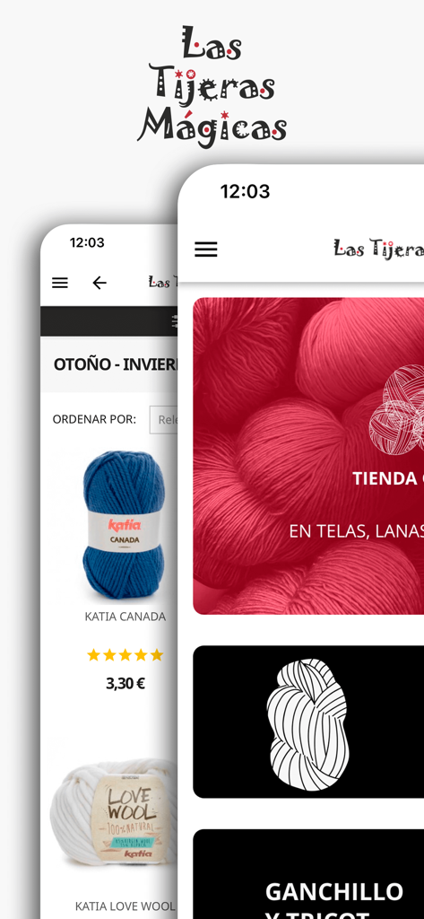 Las Tijeras Mágicas - Captura de pantalla de la app de compras artesanales Las Tijeras Magicas mostrando lanas y suministros de ganchillo