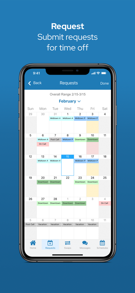 QGenda mobile app interface showing a monthly calendar view for submitting time off requests.