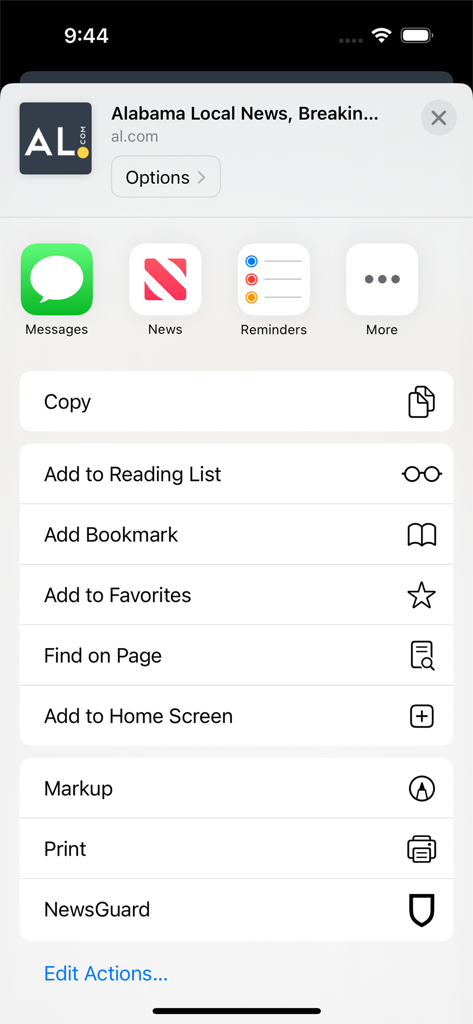 NewsGuard - News Trust Ratings - iOS share menu featuring the NewsGuard extension for verifying news sources