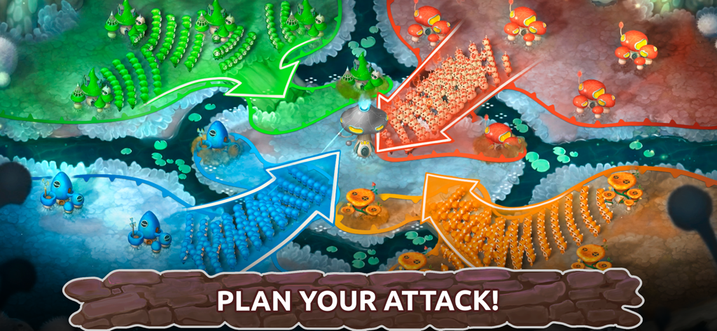 Gameplay screenshot showing four colored mushroom armies converging on a central tower with the text Plan Your Attack