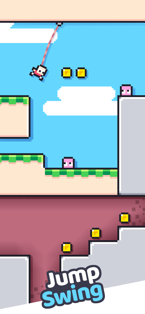 Un personaje de pixel art se balancea de una cuerda para recoger monedas de oro en el minijuego Jump Swing de Fancade