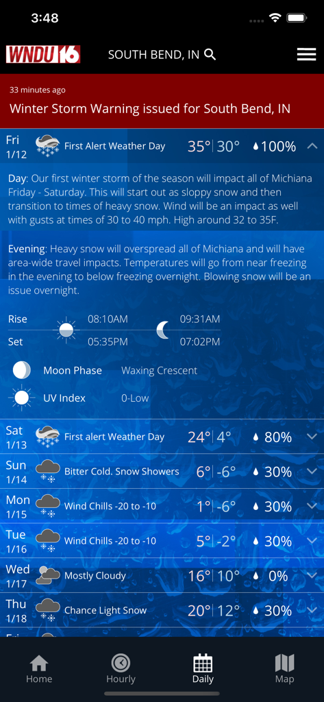 WNDU First Alert Weather - WNDU First Alert Weather app displaying a winter storm warning and a seven day forecast for South Bend Indiana