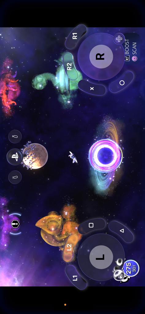 Asobi Remote Play app showing a virtual controller overlay for mobile gaming.