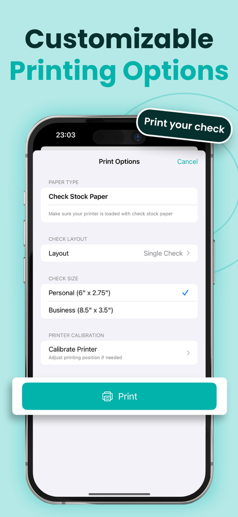 Check Writer: QuickCheck - Interfaz de la aplicación QuickCheck que muestra opciones de impresión personalizables para cheques personales y de negocios