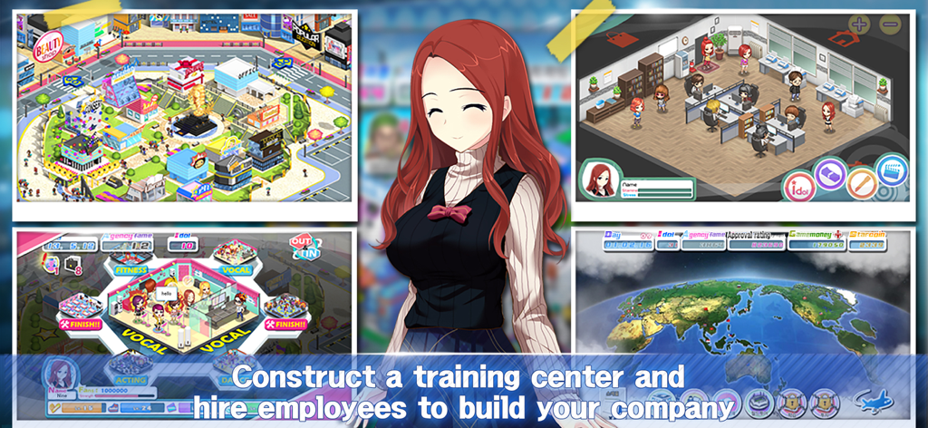 Love Idol Company : Kpop Girls - Collage de captures d'écran de jeu montrant des centres d'entraînement et la gestion de bureau dans Love Idol Company.