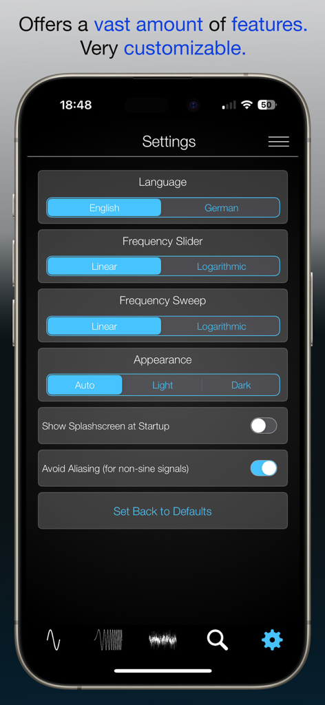 Settings screen of the WAV Audio File Generator app showing frequency slider and appearance customization options