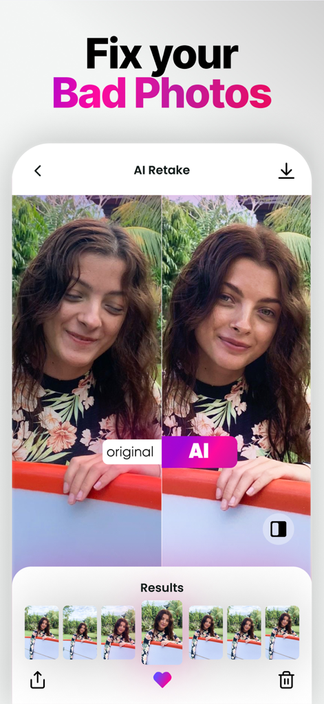 Side-by-side comparison of an original photo with closed eyes and an AI-corrected version with eyes open using the Retake app.