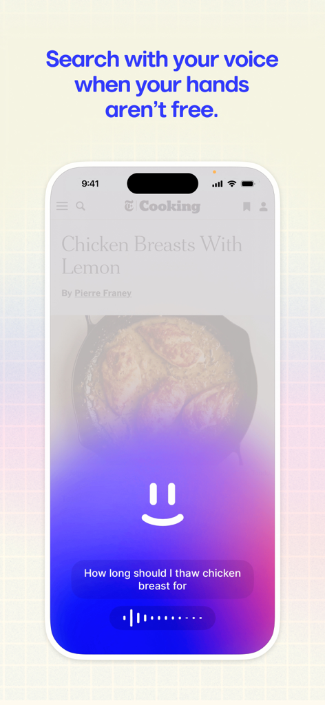 Arc Search mobile app showing the hands-free voice search feature with a cooking recipe in the background