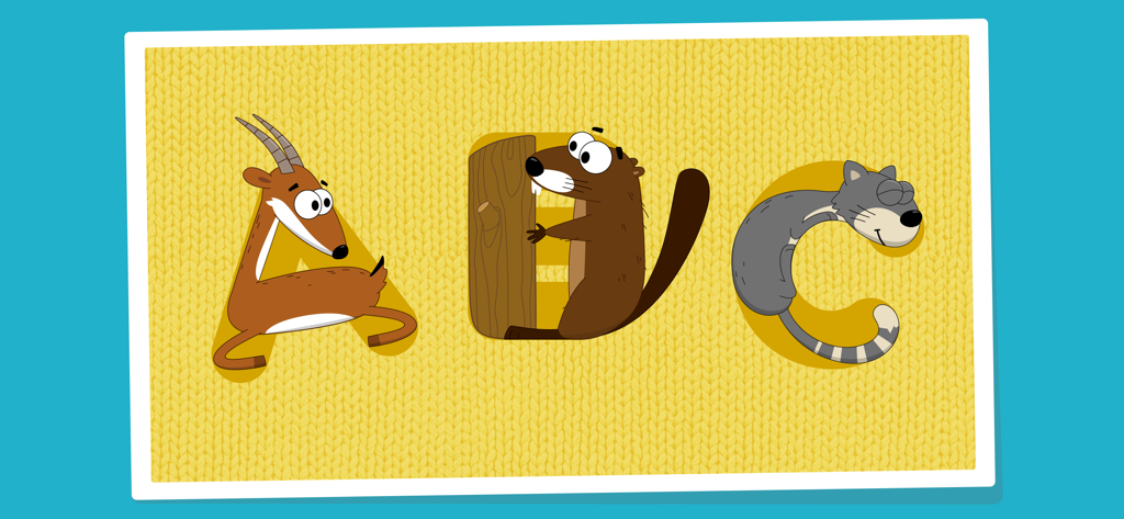 Alive Alphabet: Letter Tracing - Cartoon antelope, beaver, and cat shaped like the letters A, B, and C on a yellow knitted background.
