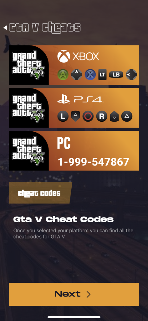 A mobile interface for selecting between Xbox PS4 and PC platforms to access GTA 5 cheat codes
