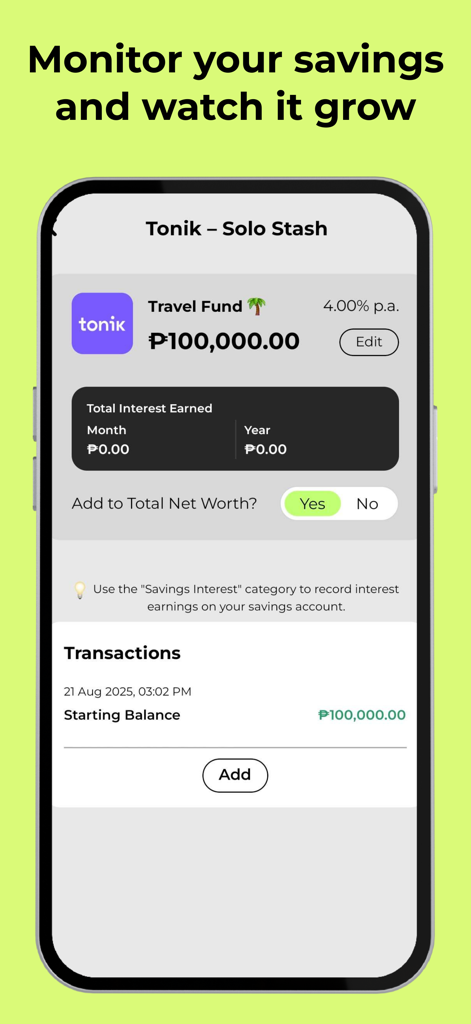 Capture d'écran de l'application Lemoneyd montrant un compte d'épargne pour un fonds de voyage avec les détails du solde et des intérêts