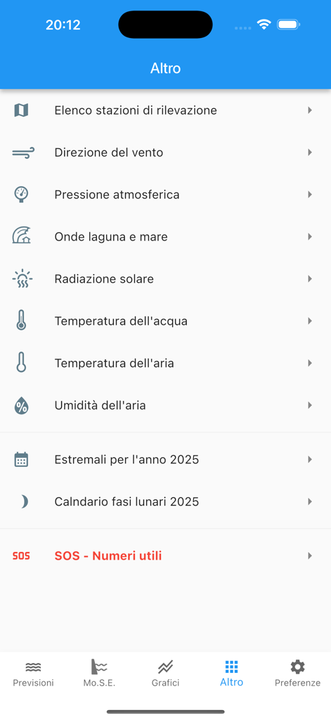 Pantalla de menú de la aplicación Marea Venezia que muestra opciones adicionales de datos meteorológicos como la dirección del viento y la temperatura del agua.