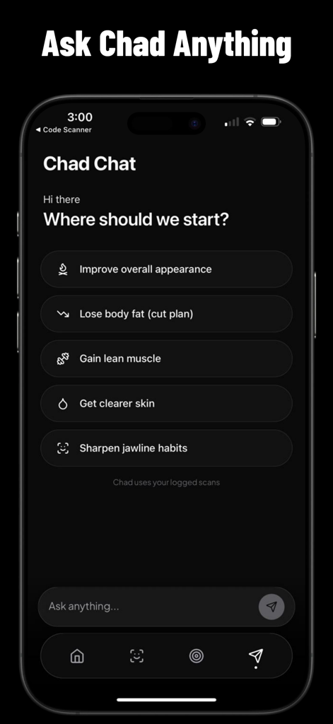 A mobile interface for Potential AI featuring Chad Chat with self improvement options like sharpening jawline and gaining muscle
