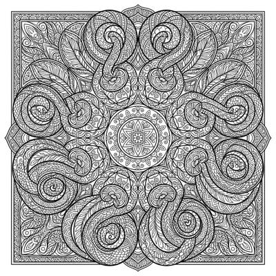 Immerse yourself in the captivating beauty of this Zentangle Snake Mandala coloring page. Discover intricate coiled snake designs filled with dense, meditative patterns, offering a unique artistic challenge.