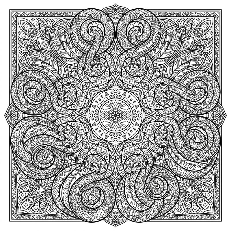 Immerse yourself in the captivating beauty of this Zentangle Snake Mandala coloring page. Discover intricate coiled snake designs filled with dense, meditative patterns, offering a unique artistic challenge.