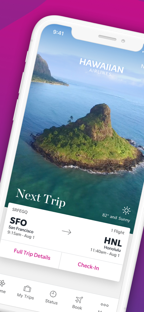샌프란시스코에서 호놀룰루까지의 항공편 세부 정보와 열대 섬 배경을 보여주는 하와이안 항공 앱