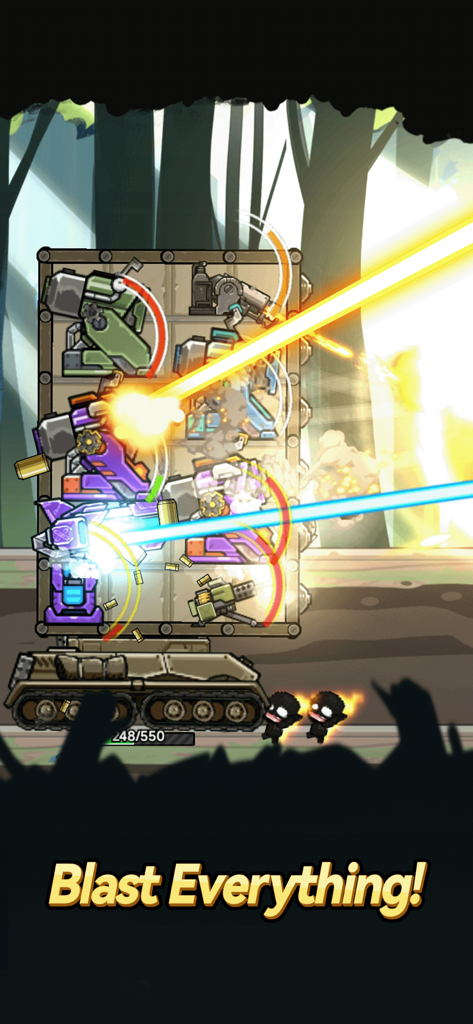 Tank Pack Attack - Un char personnalisé tire plusieurs lasers et canons depuis sa grille d'armes organisée.