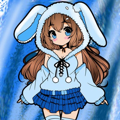 pretty anime girl wearing a fluffy hoodie with bunny ears on the hood and a skirt