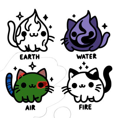 4 cats that represent the different elements, earth, water, air, and fire