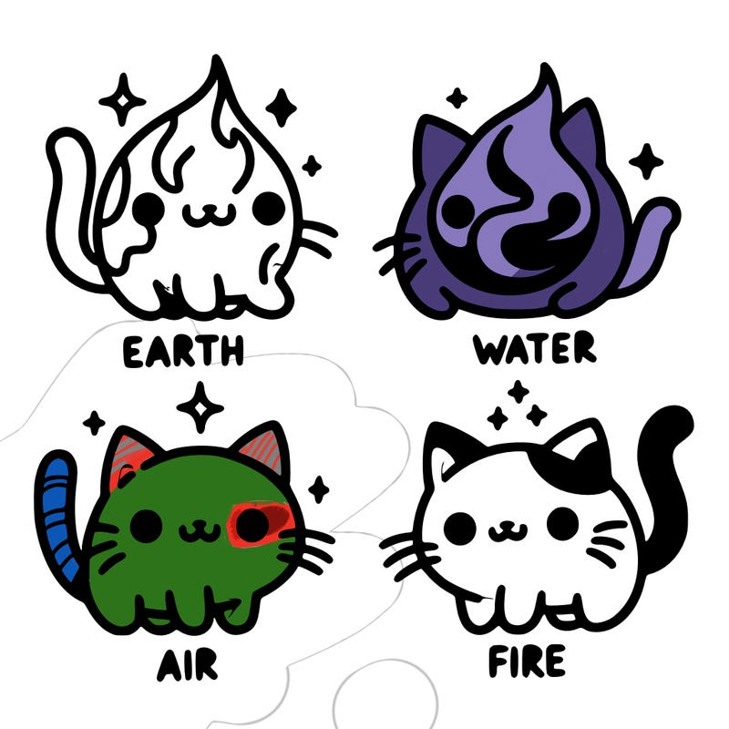 4 cats that represent the different elements, earth, water, air, and fire