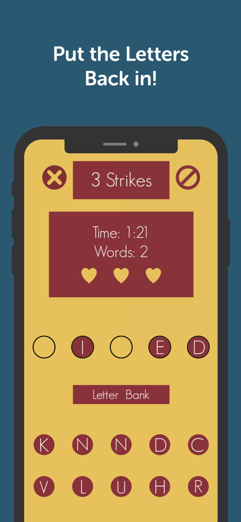 Gameplay of Spell Me showing a word puzzle with missing letters and a letter bank below.