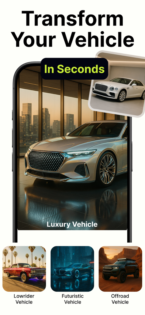 AI Car Designer Modify & Tune - Interfaz de la aplicación AI Car Designer mostrando modificaciones de vehículos de lujo de baja altura, futuristas y todoterreno