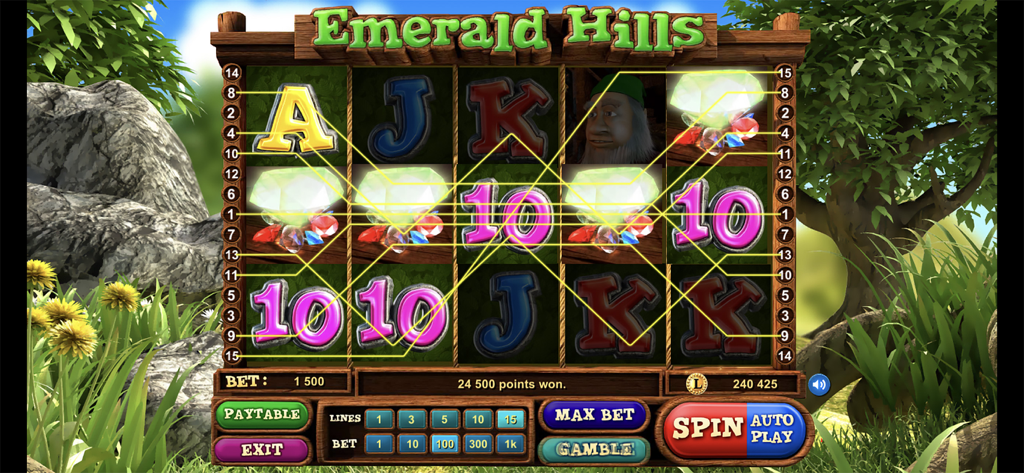 LiveGames Slots - Screenshot of the Emerald Hills theme in LiveGames Slots showing winning paylines and reel symbols