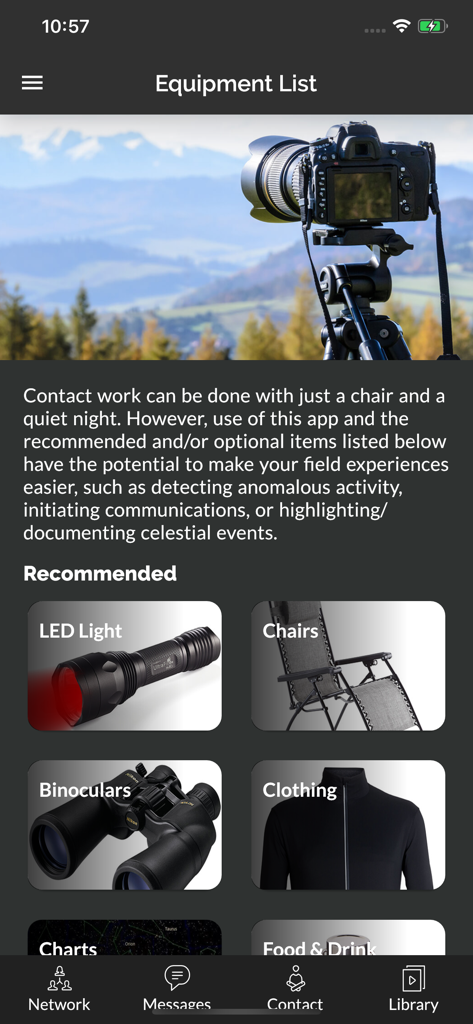 CE5 Contact - Equipment list screen in the CE5 Contact app showing recommended gear for field work including a camera binoculars and led light