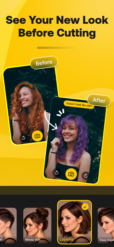 Hair Color & Style Changer AI - A before and after comparison of a woman using an AI app to change her hair color from red to purple