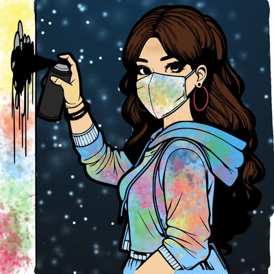 realistic girl with mask spray painting a wall