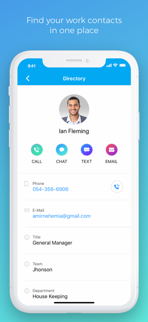 Connecteam Kiosk - Connecteam Kiosk app screen showing an employee directory profile with contact options for call, chat, text, and email.