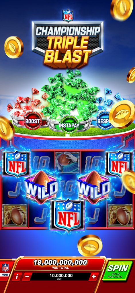 NFL Super Bowl Slots Casino - NFL Super Bowl Slots gameplay showing a Championship Triple Blast slot machine with official NFL logos and wild football icons.