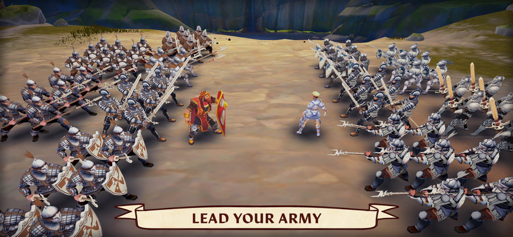 Dawn of Ages: total war battle - Ejércitos medievales históricos enfrentándose en un campo de batalla arenoso en el juego móvil Dawn of Ages