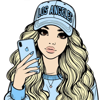 realistic beautiful girl wearing los ángeles cap holding an iphone